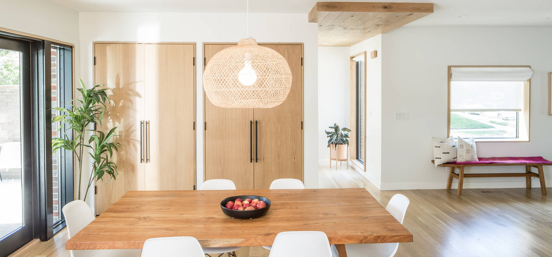 modern dining room with unique light fixtures