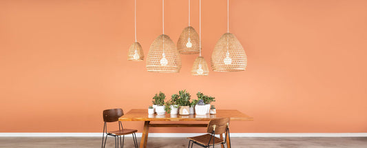 Photos of a dining room with various hanging pendant light fixtures featuring Color Cord’s basket weave shades